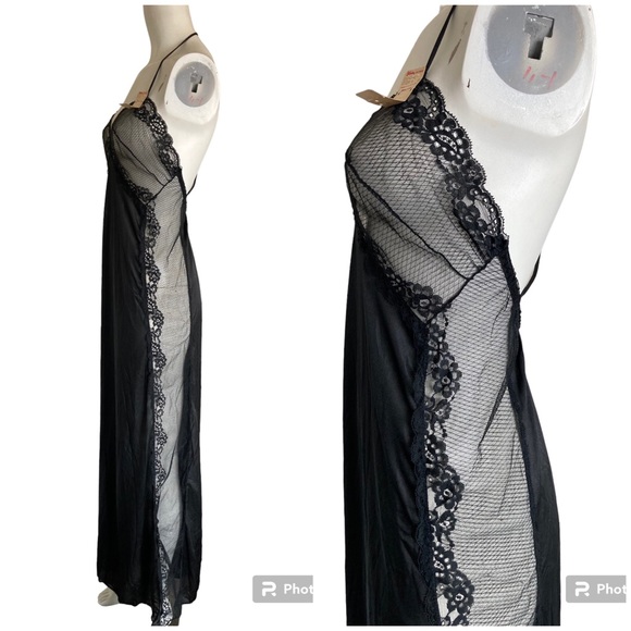 Vintage 70’s Glydons Hollywood Black Nylon Sheer Lace Negligee Nightgown L NWT - Picture 3 of 8